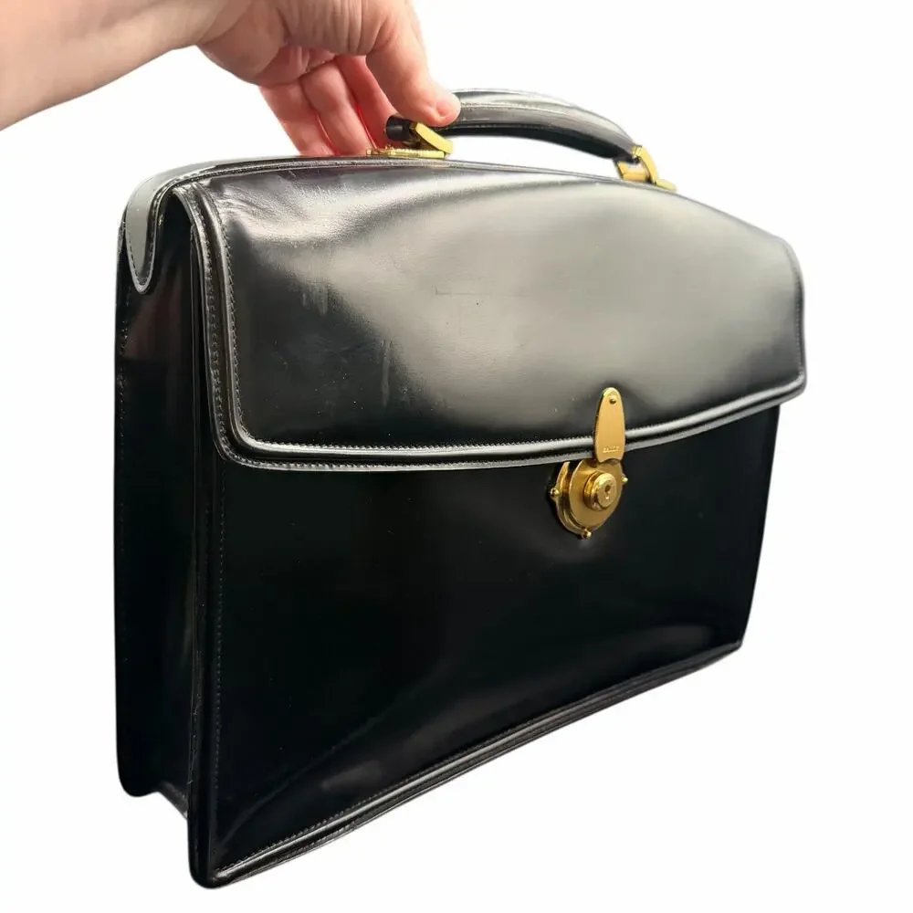 Vintage Bally Black Leather Locking Briefcase Attache Gold Hardware